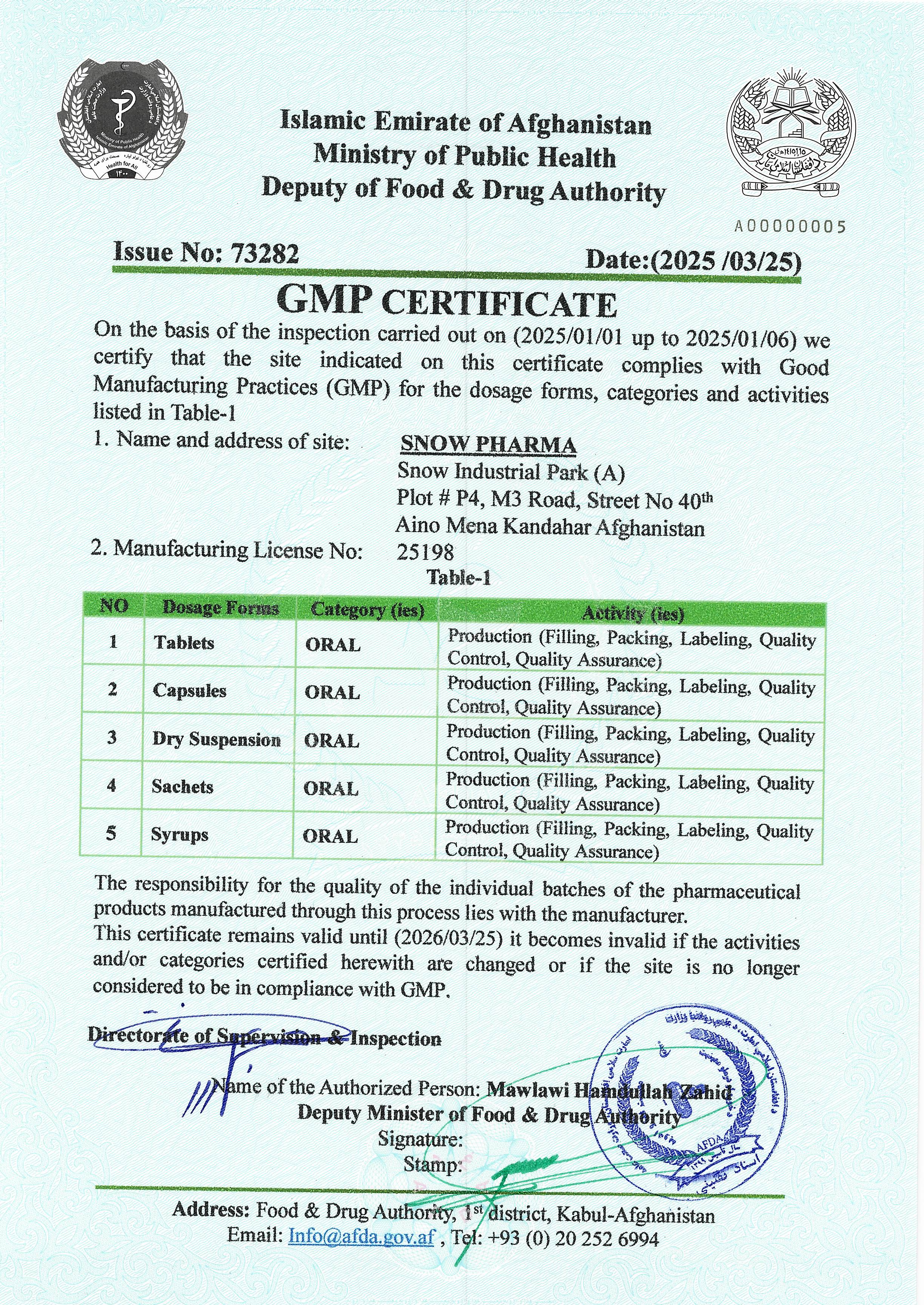 snow pharma sertificate